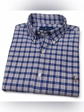 NWOT Polo Ralph Lauren Flesh PONY SlimFit Stretch Oxford Blue Check Shirt Mens M